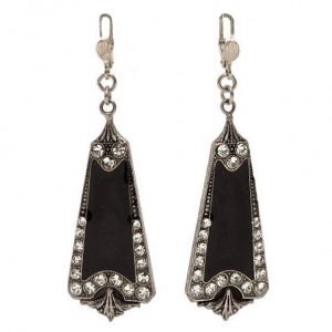 Pierre Bex Art Deco Style Black Enamel Rhinestone Earrings